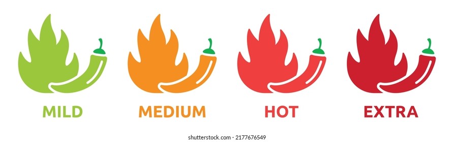 Hot chili peppers icon vector set. Level of spicy, mild, medium, hot and extra with fire flame symbol illustration.