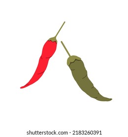 Hot chili peppers icons isolated on white background. Hand drawn red and green spicy paprika. Color flat vector illustration