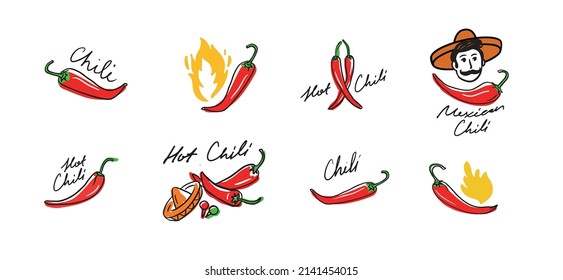 Hot chili peppers icons set.Spices emblem or logo. Vector illustration in color.Hand drawn in doodle style.	