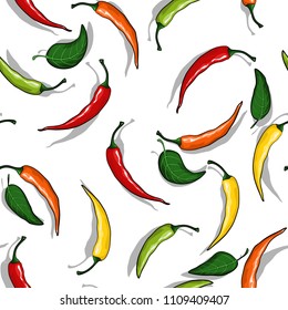 Hot chili peppers pattern detailed colorful vector illustration template background. Chili peppers with shadow. Hot super spices.