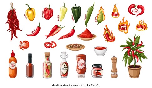 Pimientos picantes, salsas y especias, set de pegatinas de dibujos animados. Diferentes vainas de chiles, condimentar productos alimenticios en botella y tazón, etiqueta de tipografía en Ilustración vectorial de colección de dibujos animados picantes