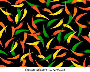 Hot chili peppers seamless pattern. Multi-colored peppers in a flat style. Seasoning for dishes. Typographic background for wrapping paper, banners, and fabric prints. Vector illustration