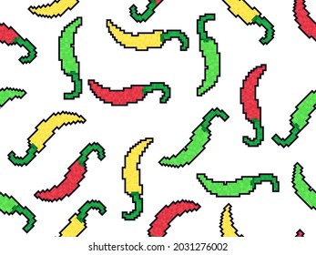 Hot chili peppers seamless pattern in style pixel art. Pixel chili pepper in 8 bit retro video game graphics style 80s - 90s. Design for wrapping paper, banners, and fabric prints. Vector illustration