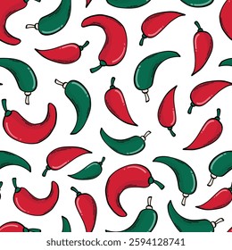 Hot chili peppers seamless pattern with doodles for kitchen textile, wallpaper, wrapping paper, backgrounds, scrapbooking, etc. EPS 10