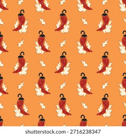 Patrón sin fisuras de chiles calientes. Fondo de verduras de naranja picante. Ilustración vectorial de dibujo a mano.
