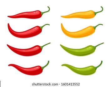 Hot chili peppers set isolated on white background. Vector illustration of red, yellow and green peppers.