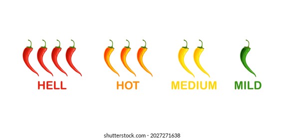 Hot chili peppers set. Level of spicy from mild to extra hot . Icon. Vector illustration.