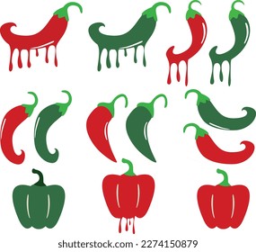 Hot chili peppers set vector illustration of red and green peppers.