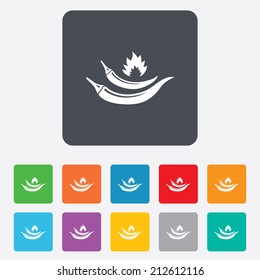 Hot chili peppers sign icon. Spicy food fire symbol. Rounded squares 11 buttons. Vector
