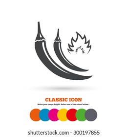 Hot chili peppers sign icon. Spicy food fire symbol. Classic flat icon. Colored circles. Vector