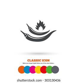 Hot chili peppers sign icon. Spicy food fire symbol. Classic flat icon. Colored circles. Vector