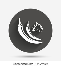 Hot chili peppers sign icon. Spicy food fire symbol. Circle flat button with shadow. Vector