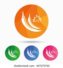 Hot chili peppers sign icon. Spicy food fire symbol. Triangular low poly button with flat icon. Vector