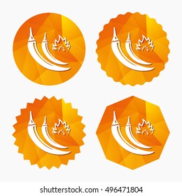 Hot chili peppers sign icon. Spicy food fire symbol. Triangular low poly buttons with flat icon. Vector