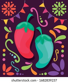 scharfe Chilischoten mit Symbolen der Vektorillustration cinco de mayo