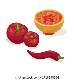 Hot chili peppers, tomatoes and a cup of red sauce. Vector illustration. Isolated on a white background.