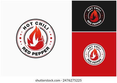 Hot Chili Red Pepper Paprika Spicy Cayenne Fire Flame Badge Stamp Vector Logo Design Illustration