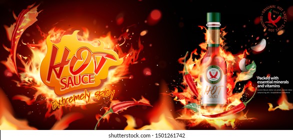 Hot chili sauce ads banner with burning fire effect in 3d illustration