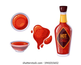 Hot chili sauce in bottle and bowl, sauce spilled strips and spots. Bowl hot chili sauce top view. Vector illustration.