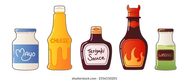 Hot chili sauce bottle for food. Jar with spicy ketchup. Green wasabi condiment and mayonnaise for cooking cute isolated icon drawing. Thai teriyaki packaging with label. Red flame on tomato flavor