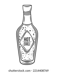 Salsa picante en la ilustración vectorial del icono del contorno de botellas. Dibujo a mano en línea de productos picantes en envases con etiqueta y tapa, especias y salsa, aderezo y condimento de chile para cocinar