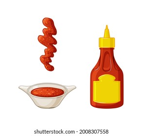 Hot chili sauce bottle. A set of sauce pan and  stain. Food icon set with label package, mock up. Vector illustration.