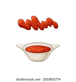 Hot chili sauce in a bowl on a white isolated background. Sauce spill, stain. Vector cartoon illustration.