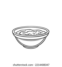 Hot Chili Sauce In Bowl Outline Icon Vector Illustration. Line Hand Drawing Chilli Pepper Dip Of Mexican Cuisine, Spicy Salsa For Seasoning Food, Chili Barbeque Condiment And Cooking Ingredient