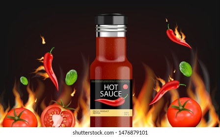 Hot chili sauce fire background vector realistic. Product placement mock up bottle. Label design advertise 3d illustration