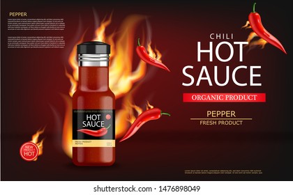 Hot Chili Sauce On Fire Vector Realistic. Product Placement Mock Up Bottle. Label Design Advertise 3d Illustration