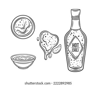 Hot chili sauce outline icons set vector illustration. Line hand drawing glass bottle of sweet and sour chilli spicy sauce, splash stain of gourmet product, bowl with chili salsa in top and side view