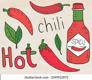 Hot Chili Sauce. Summer Beautiful Illustration Of Chili Pepper. 