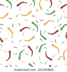 hot chili seamless pattern on white background, yellow red green hot pepper in chaotic order, hot pepper design for kitchen.