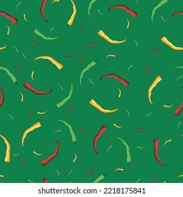 hot chili seamless pattern on green background, yellow red green hot pepper in chaotic order, hot pepper design for kitchen.