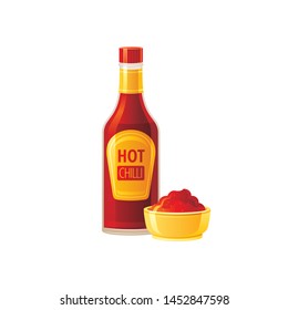 Hot chili spicy sauce. 3 hot pepper chilli sauces set. Food icon with text logo packaging, empty label, blank mock up. Glass plastic bottle, 3d realistic vector illustration isolated white background