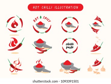 hot chili vector illustration element graphic with chili, chili paste, fire, garlic 