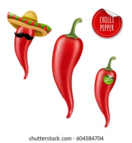 Hot Chilli Pepper Big Set With Gradient Mesh, Vector Illustration