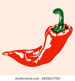 Hot chilli pepper. Red spicy capsaicin pepper risograph print effect, vintage whole ripe pepper, organic vegetable icon, abstract farm food. Vector illustration.