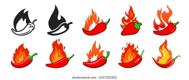 Hot chilli pepper set with fire. Red Hot Chili designs vector isolated on transparent background