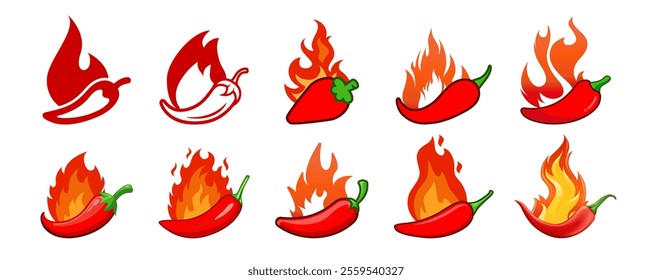 Hot chilli pepper set with fire. Red Hot Chili designs vector isolated on transparent background