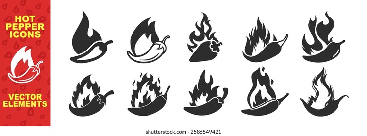 Hot chilli pepper set with fire. Red Hot Chili designs vector isolated on transparent background