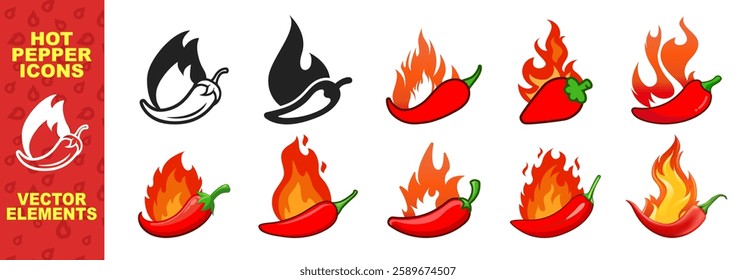 Hot chilli pepper set with fire. Red Hot Chili designs vector isolated on transparent background