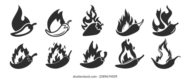 Hot chilli pepper set with fire. Red Hot Chili designs vector isolated on transparent background