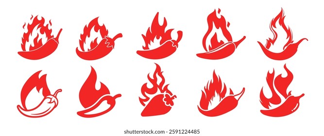 Hot chilli pepper set with fire. Red Hot Chili designs vector isolated on transparent background