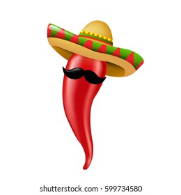 Hot Chilli Pepper With Sombrero And Moustaches With Gradient Mesh, Vector Illustration