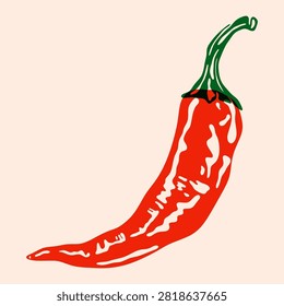 Hot chilli pepper. Spicy capsaicin pepper risograph print effect, vintage whole ripe red pepper, organic vegetable icon, abstract farm food. Vector illustration.