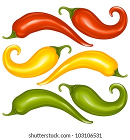 Hot Chilli Pepper Vector Set Isolated On White Background. Red, Yellow And Green