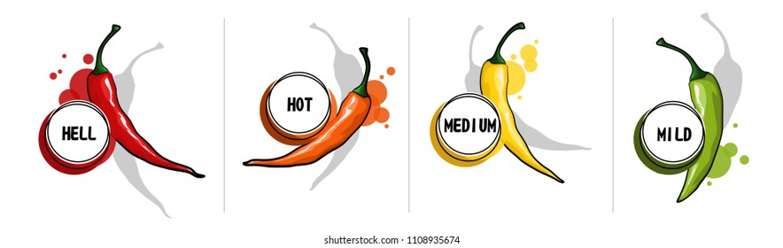 Hot chilli pepper vector set isolated on white background. Red, orange, yellow and green chilli pepper. Spicy vegetables, delicious dietary product. Scale mild, medium, hot and hell icons.