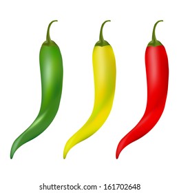 Hot chilli pepper vector set isolated on white background. Red, yellow and green.