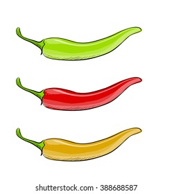 Hot chilli pepper vector set isolated on white background. Red, yellow and green.